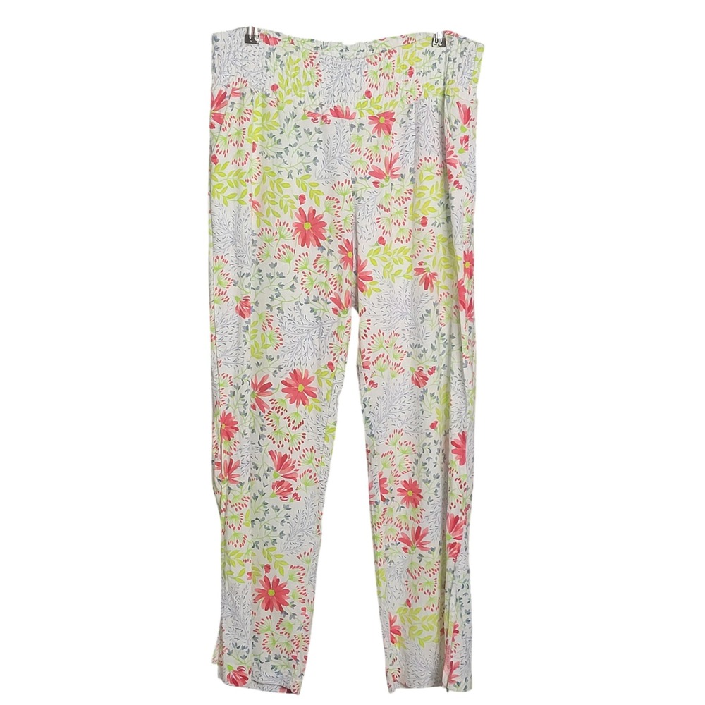 Blue Sol Pants Medium White Floral Rayon Linen Pull On Elastic Waist Wide Leg